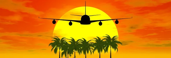 Vliegtuig met zonsondergang en palmen — Stockfoto