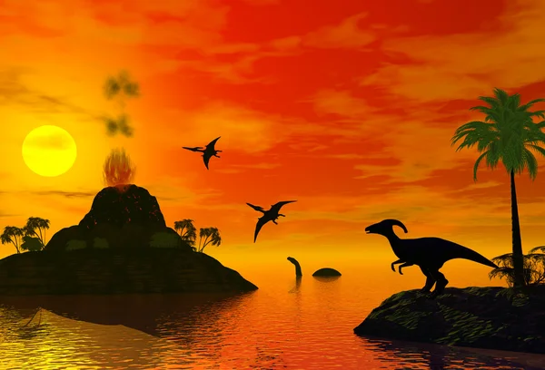Zonsondergang van dinosaur wereld — Stockfoto