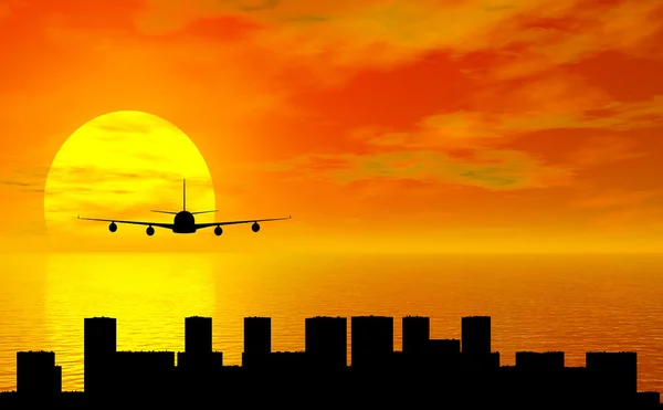 Zonsondergang met vliegtuig en stad silhouet — Stockfoto