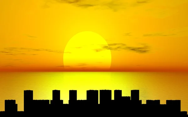 Coucher de soleil avec silhouette de ville — Photo