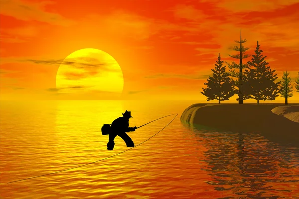 Закат с силуэтом рыбака — стоковое фото