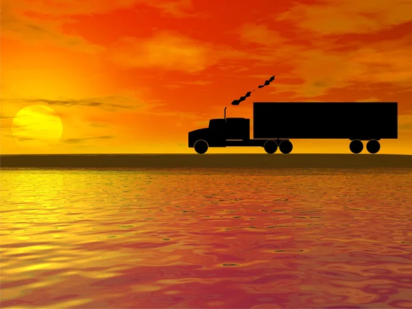 Západ slunce s silueta náklaďák — Stock fotografie