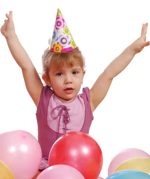 Liten flicka med ballonger födelsedagsfest — Stockfoto