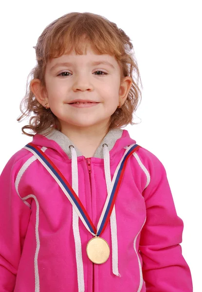 Little girl with golden medal winner — Stock Photo, Image