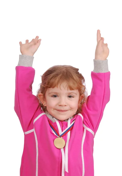 小女孩用金牌胜利 — 图库照片