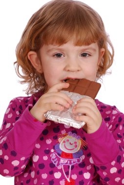 Küçük kız çikolata yiyor.