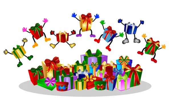 プレゼントとカラフルなギフト ボックスをジャンプ — ストック写真