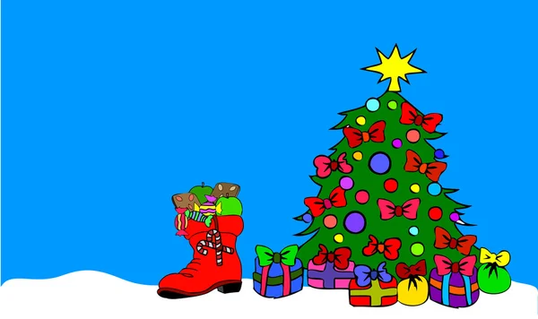 Červená bota s vánoční stromeček — Stock fotografie