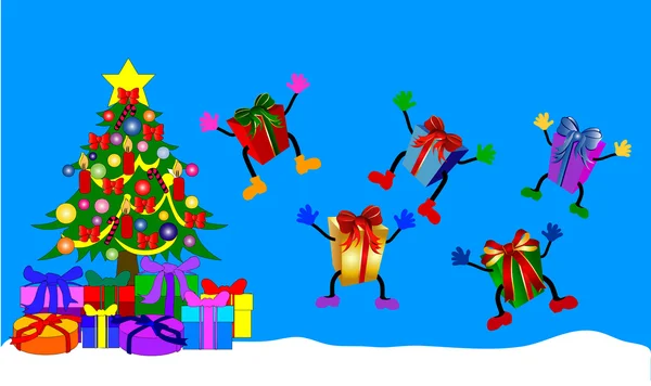 Saltando caixas de presente com árvore de natal — Fotografia de Stock