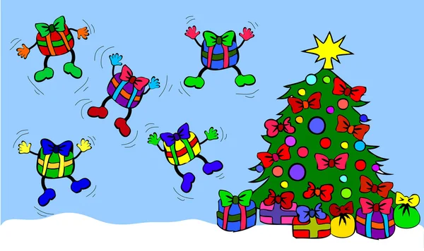 Presentes de salto com árvore de natal — Fotografia de Stock