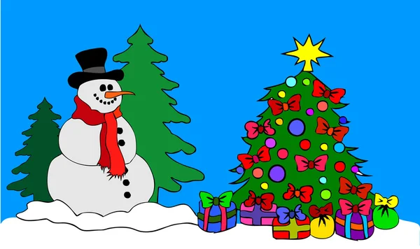 Um grande boneco de neve com árvore de Natal — Fotografia de Stock
