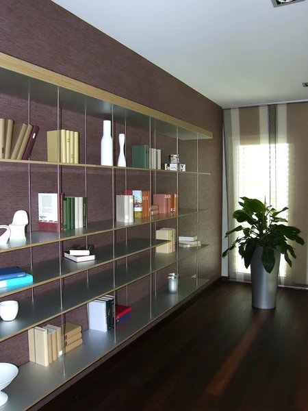 Книжный шкаф в современной квартире — стоковое фото