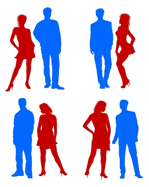 Junge Erwachsene paar Silhouetten rot blau — Stockfoto