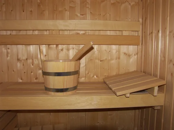 stock image Interior of a wooden sauna