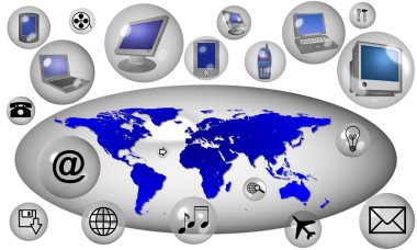 Worldmap with communication symbols clipart