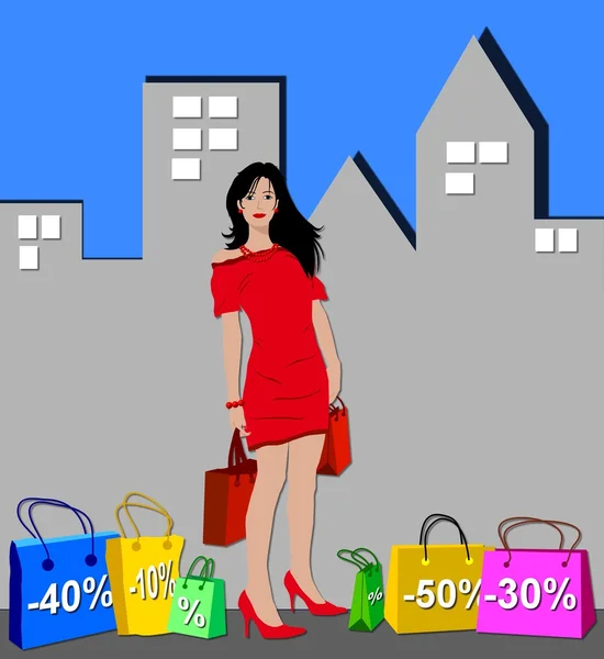 Frau mit Discount-Einkauf — Stockfoto