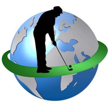 Silhouettes of golf player on globe clipart