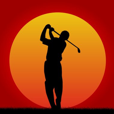 Silhouettes of golf player in sunset clipart