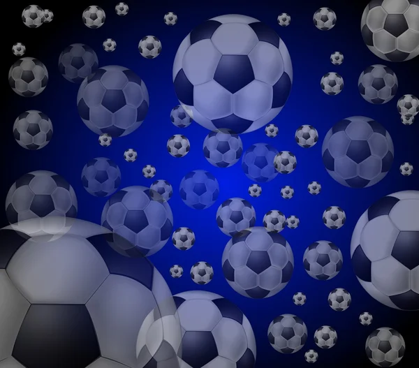 Fond bleu avec des balles de football volant — Photo