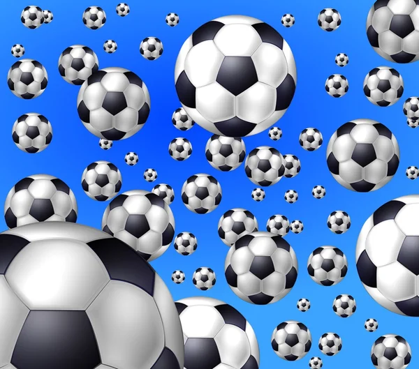 Fondo azul con bolas de fútbol volando — Foto de Stock