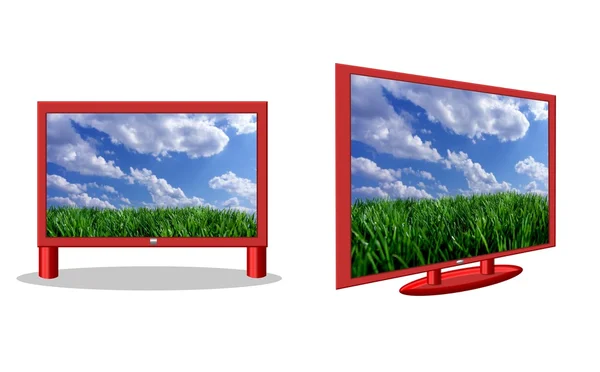 Flatscreen TV with cloudy sky on display — Stock Photo, Image