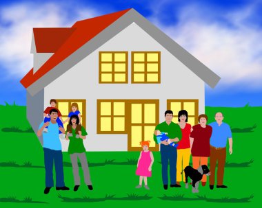 Family in front of a house clipart