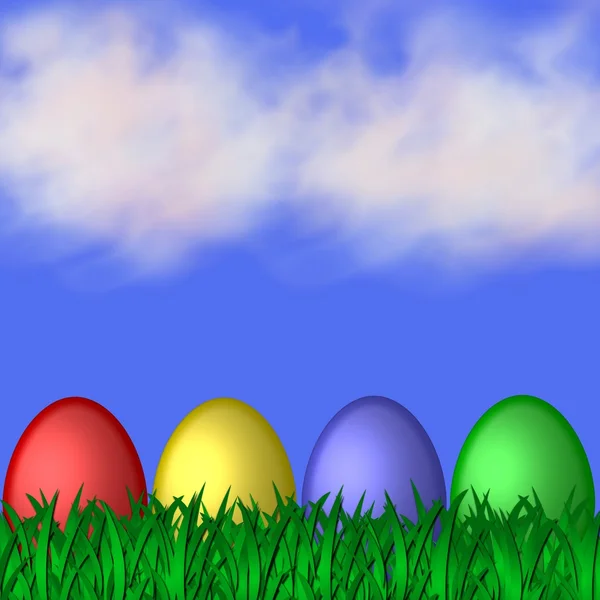 Colored easter eggs grass blue sky — Stock Photo, Image