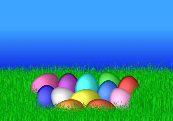 Colored easter eggs grass blue sky — Stock Photo, Image