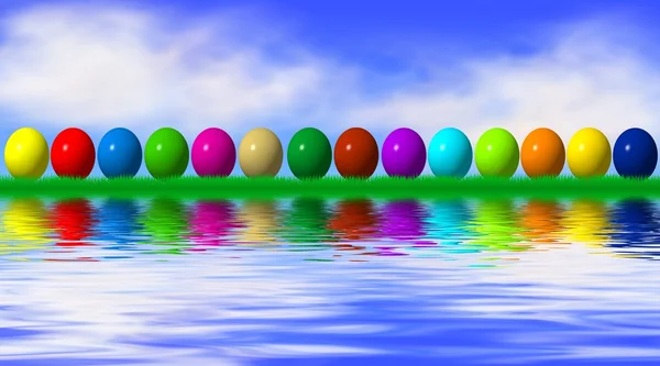 Easter eggs reflecting in water — Stock Photo, Image