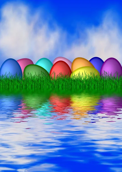 Easter eggs reflecting in water — Stock Photo, Image