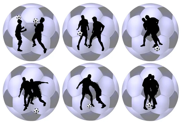 Футбольные мячи с силуэтами игроков — стоковое фото