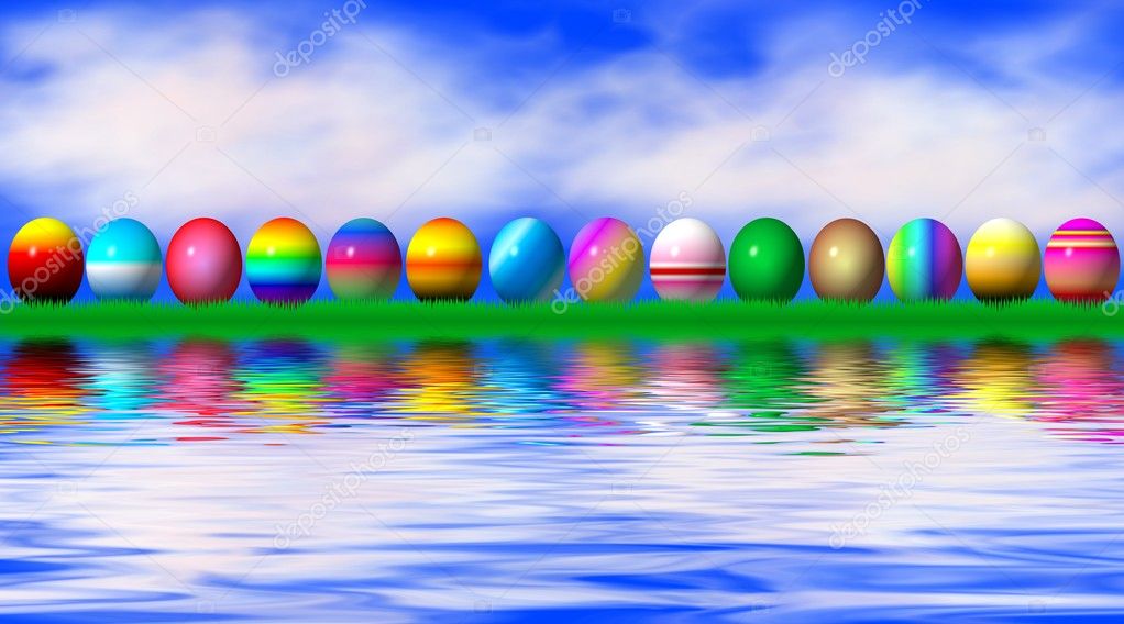 Easter eggs reflecting in water