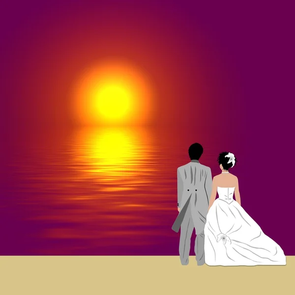 Svatební pár v západu slunce pozadí — Stock fotografie