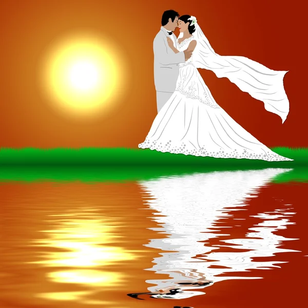 夕日を背景に結婚式のカップル — ストック写真
