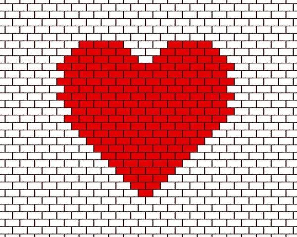 Červené srdce na cihlovou zeď — Stock fotografie