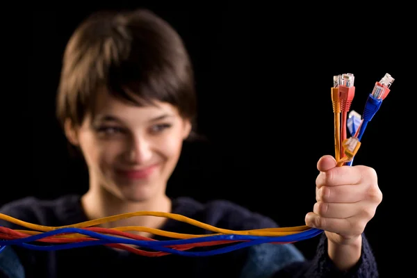 Internet network cables and girl — Stockfoto