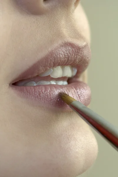 Lippen mit Lippenbürste geschminkt lizenzfreie Stockbilder