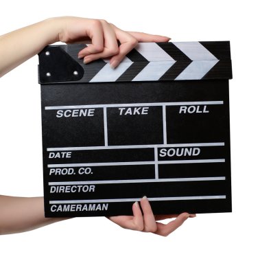 Hands with a movie clapper board close clipart