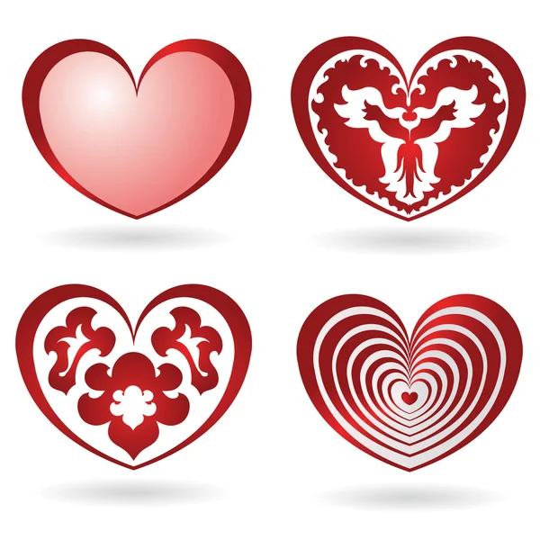 Collection of four red glossy hearts — Stock Vector