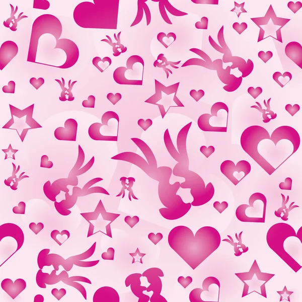 Valentine's wallpaper with hearts and rabbits on pink background — Stock Vector