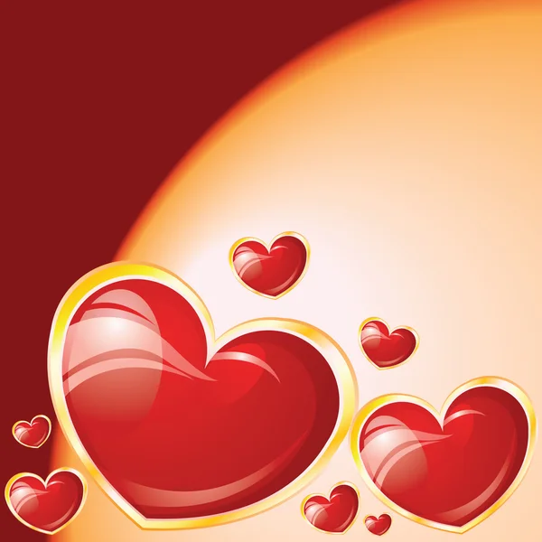 Valentijnsdag glanzende harten op rode achtergrond — Stockvector