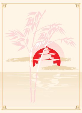 Japanese Pagoda, Bamboo and Sun clipart