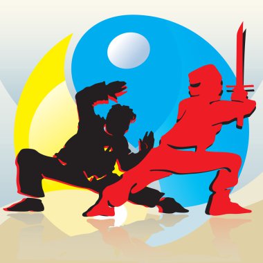 Asian fighters on blue and yellow yin-yang background. clipart