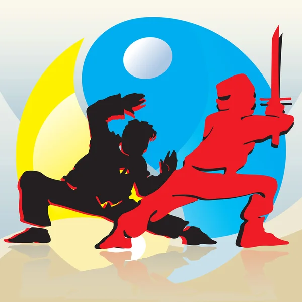 Asiatische Kämpfer Auf Blauem Und Gelbem Yin Yang Hintergrund — Stockfoto