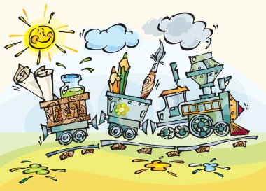 Baby train with pencils and brushes clipart