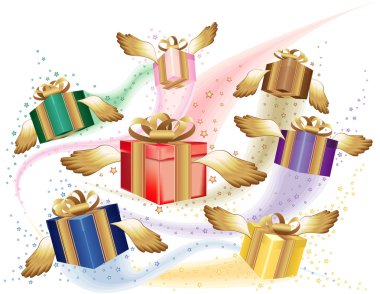 Many gift boxes fly on a holiday clipart