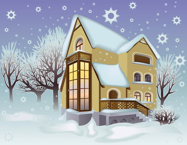 House is in the winter garden — Stock Vector