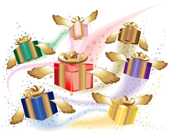 Many gift boxes fly on a holiday — Stock Vector