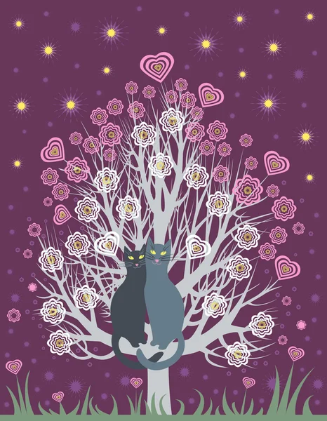 In love cats on a flowering tree — Stock Vector