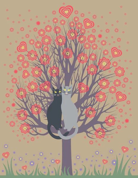 Verliebte Katzen auf einem blühenden Baum — Stockvektor